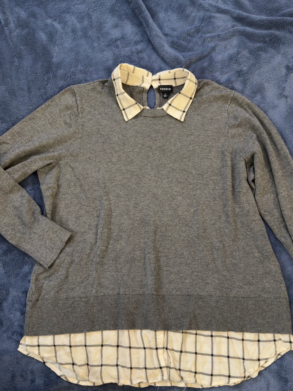 torrid Gray Knit Sweater with Cream Plaid Collar and Hem